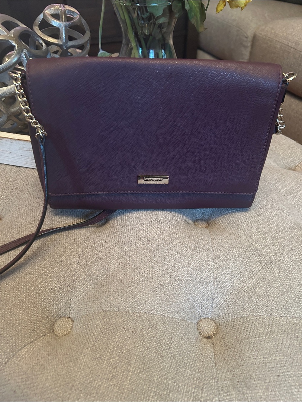 kate spade deep plum leather crossbody with gold chain strap